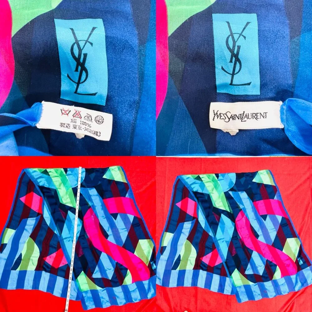 Vgt  Yves Saint Laurent 100% Silk Chiffon/Satin scarf 68x23 Black Red Green(33)